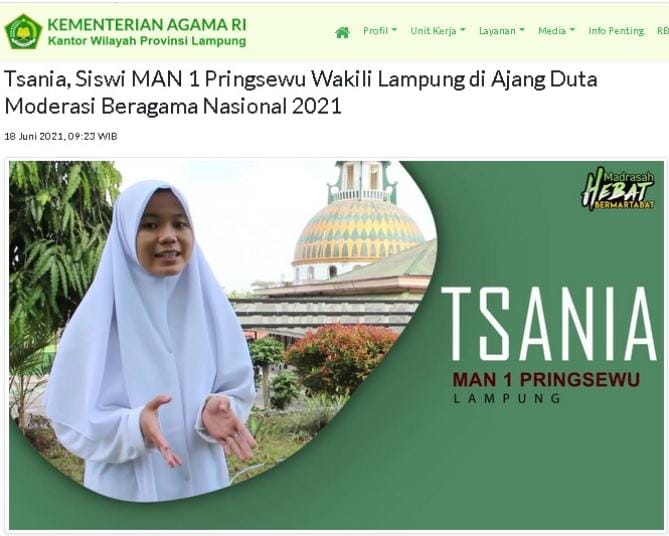 Bangga! Tsania, Pelajar MAN 1 Pringsewu yang Wakili Provinsi Lampung Pada Ajang Duta Moderasi Beragama Tingkat Nasional 2021