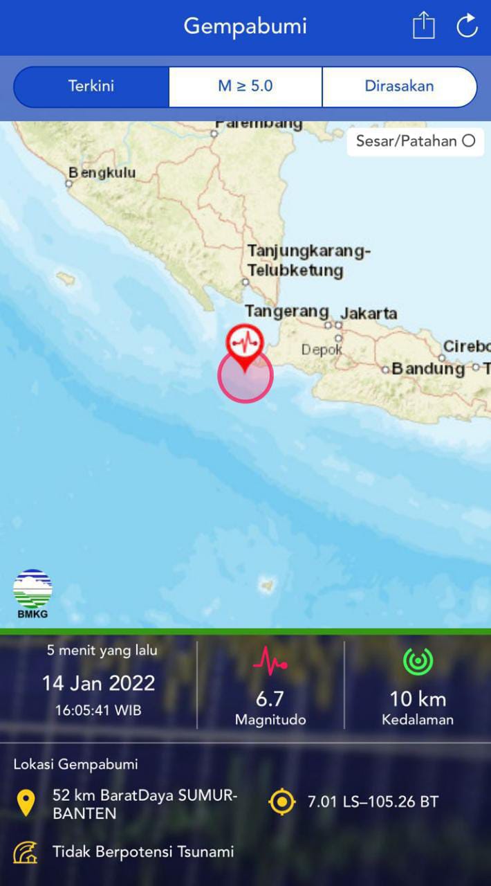 Gempa 6,7 Magnitudo Guncang Banten, Getaran Terasa Hingga Lampung