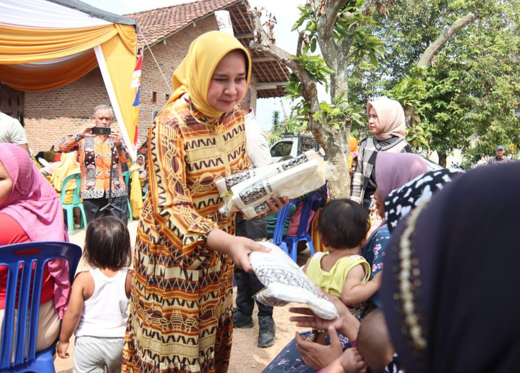 Riana Sari Serahkan Bansos Sembako ke Masyarakat Desa Pemanggilan Lamsel