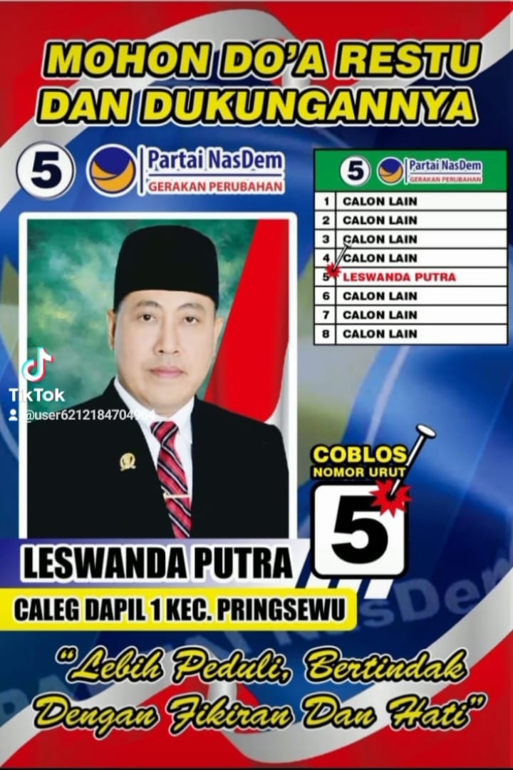 Leswanda Putra Caleg Dapil 1 Kecamatan Pringsewu Nomer Urut 5,Ajak Kader Dan Simpatisan Untuk Memilih Tanggal 14 Febuari Mendatang