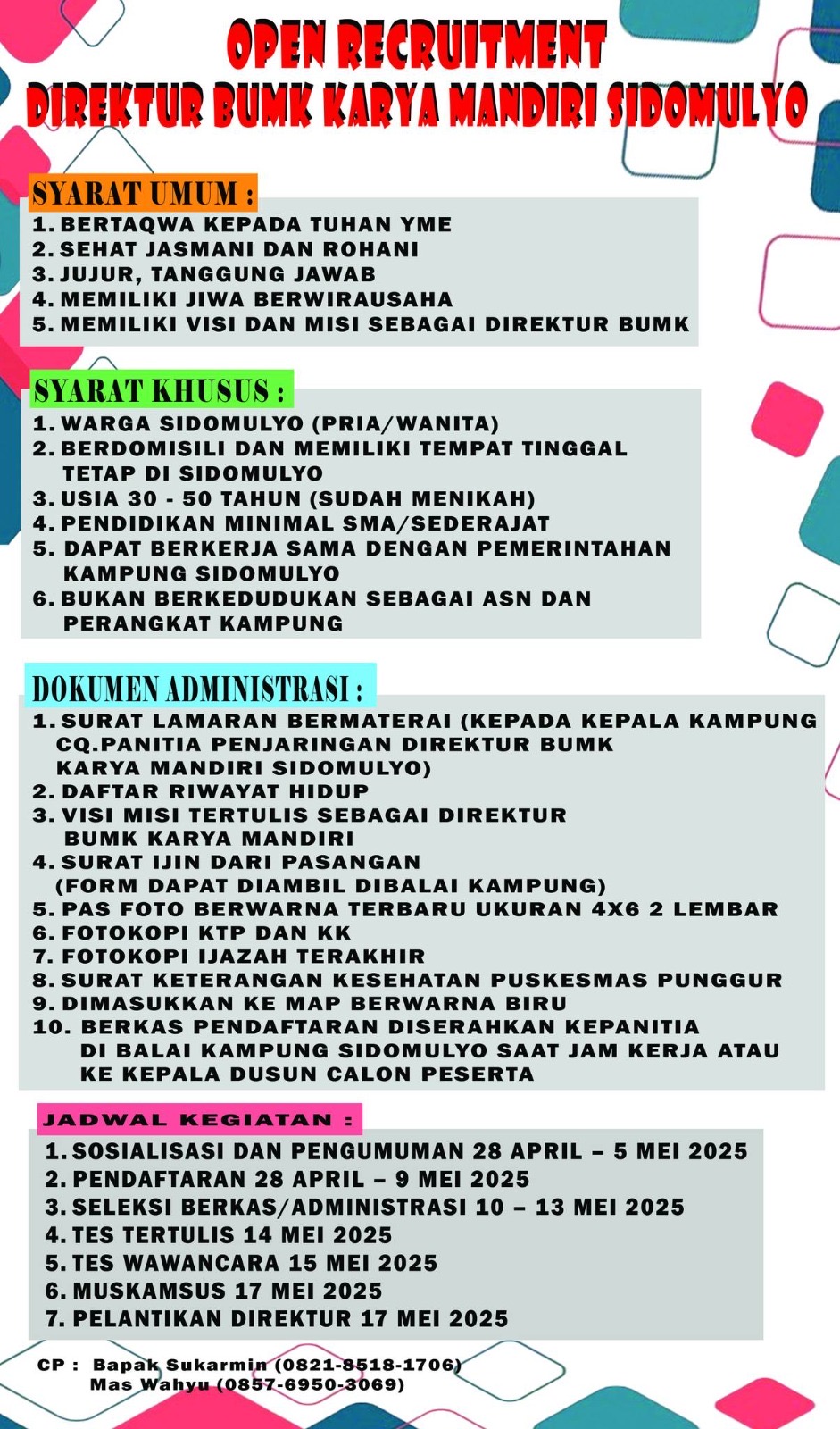 Inilah Persyaratan Menjadi Direktur BUMK Karya Mandiri Sidomulyo, Punggur, Lampung Tengah