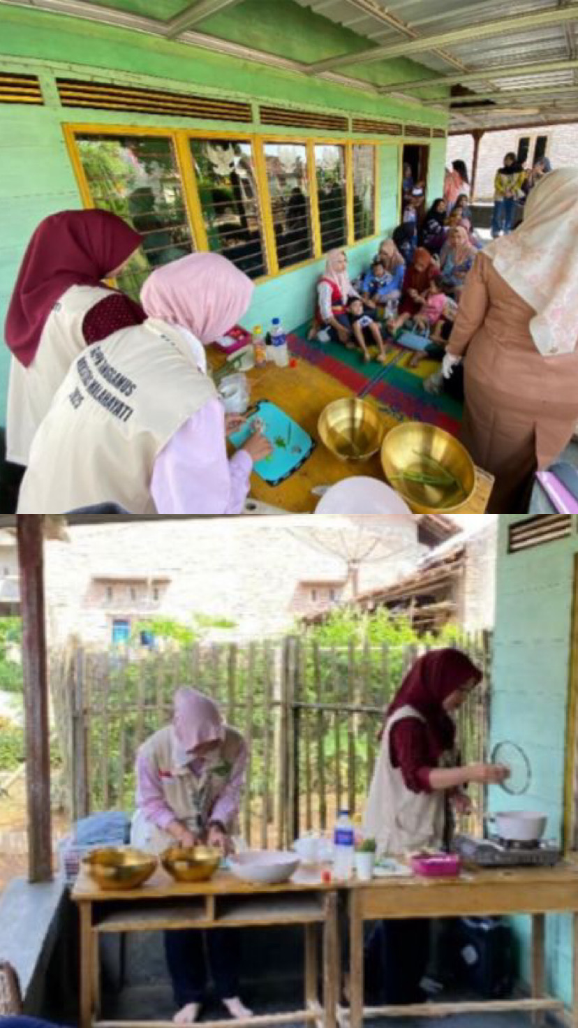 DEMONSTRASI MASAK MPASI, MAHASISWA KKL-PPM 61 UNIVERSITAS MALAHAYATI AJARKAN IBU-IBU PEKON NGARIP OLAH MAKANAN BERGIZI UNTUK CEGAH STUNTING