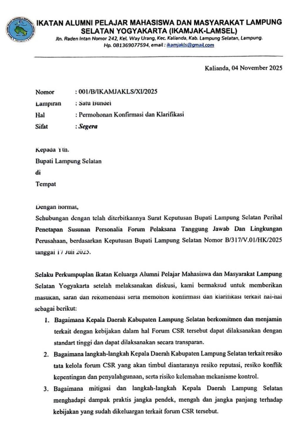 IKAMJAKLS Serahkan Hasil Diskusi dan Rekomendasi kepada Bupati Lampung Selatan